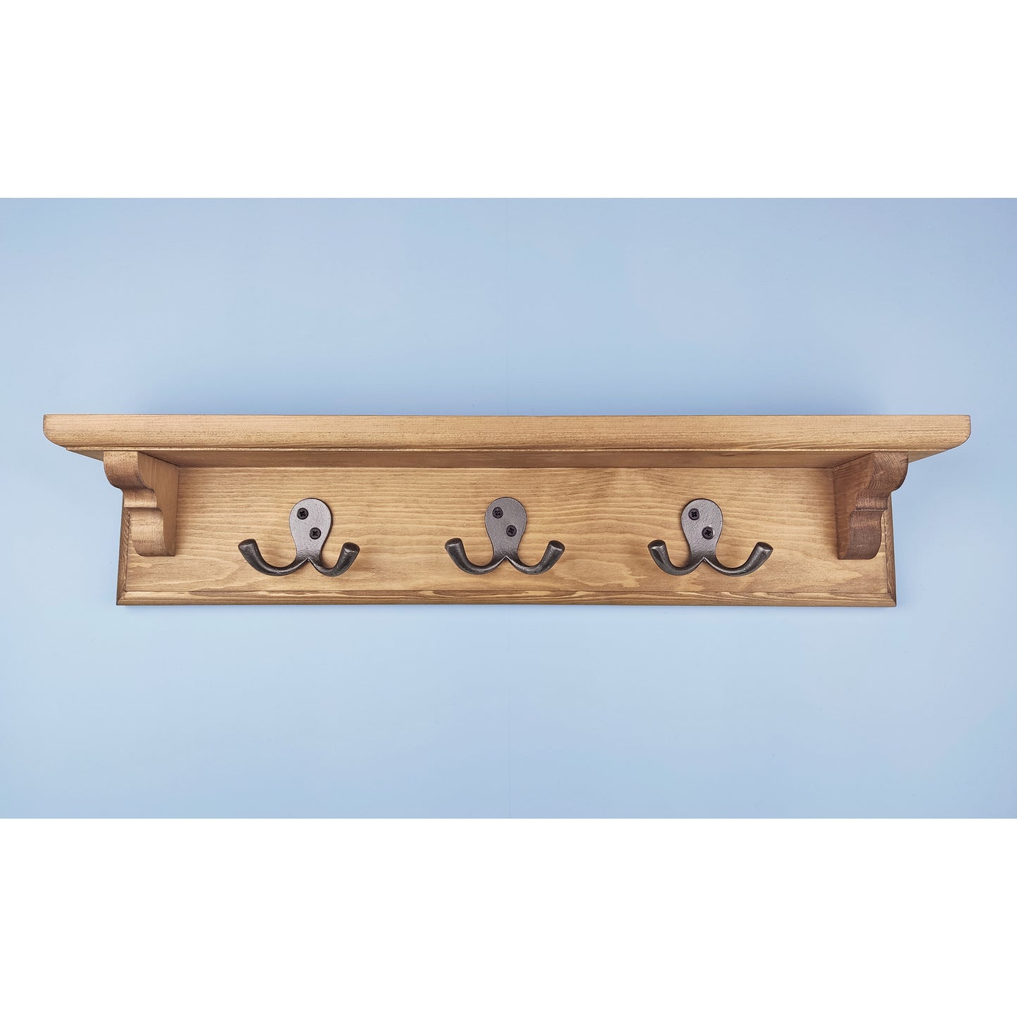 Solid Wooden Coat Rack With Shelf, Double Cast Iron Hooks and Hidden Fittings - Made to Order