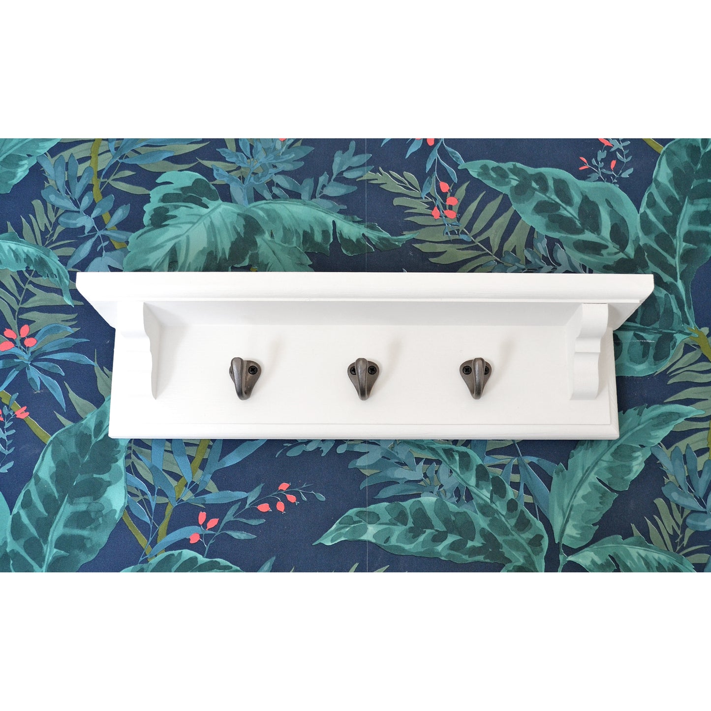 Coat Rack in White with Shelf and Cast Iron Hooks with Hidden Fixings - Multiple Sizes - Made to Order