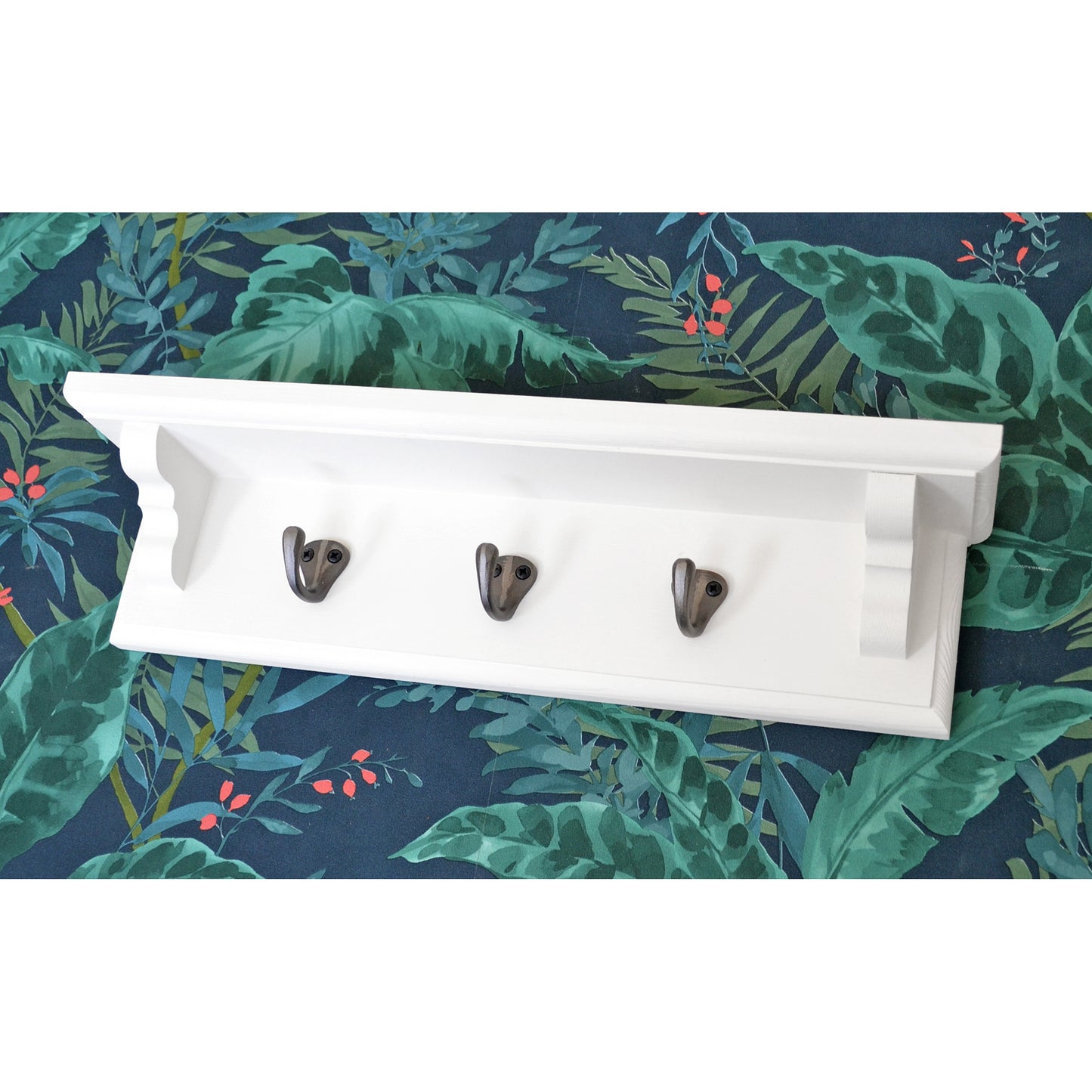 Coat Rack in White with Shelf and Cast Iron Hooks with Hidden Fixings - Multiple Sizes - Made to Order