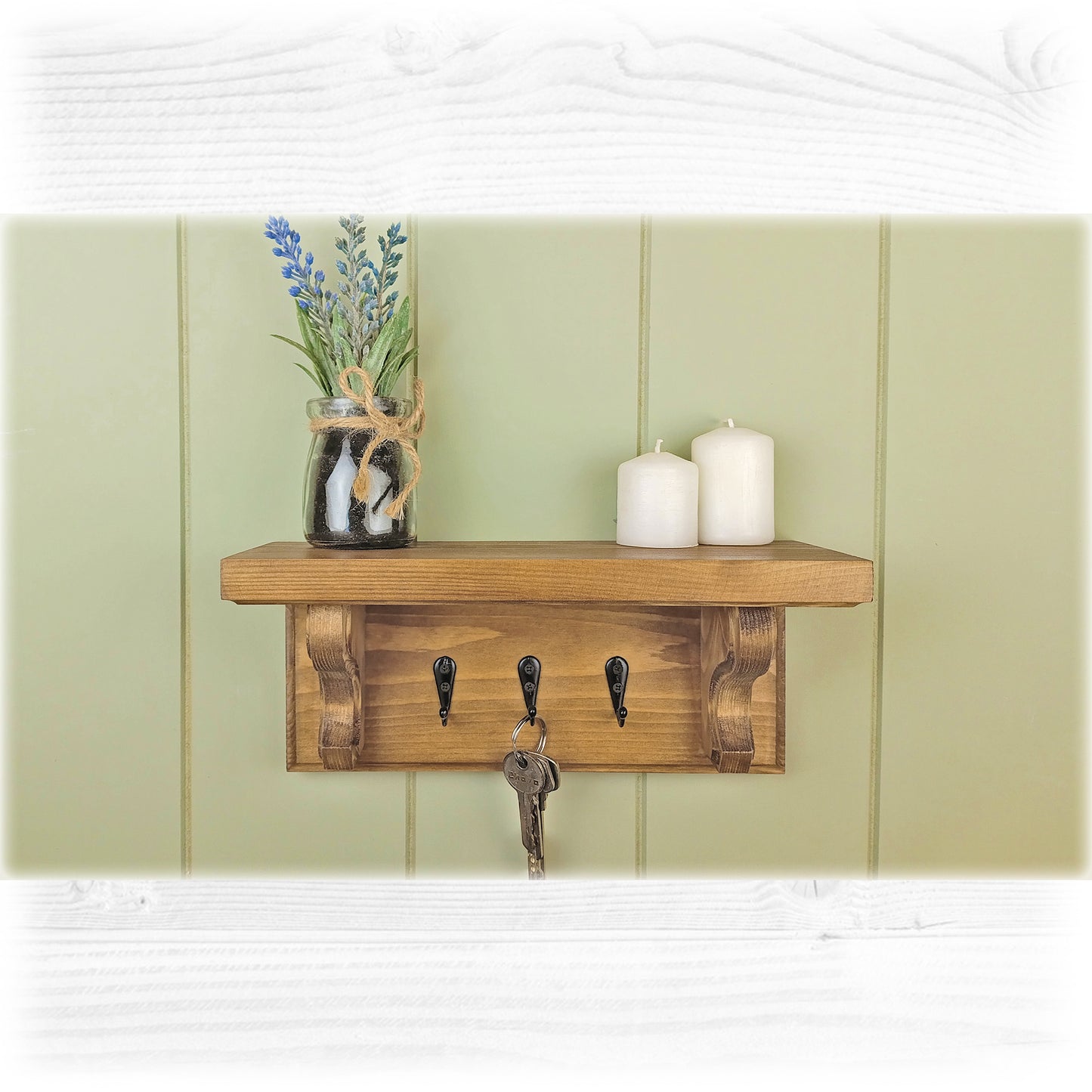 Floating Key Rack in Cotton White/Sage Green/Oak Stain with Shelf and Hidden Fixings - Design 2 -Made To Order