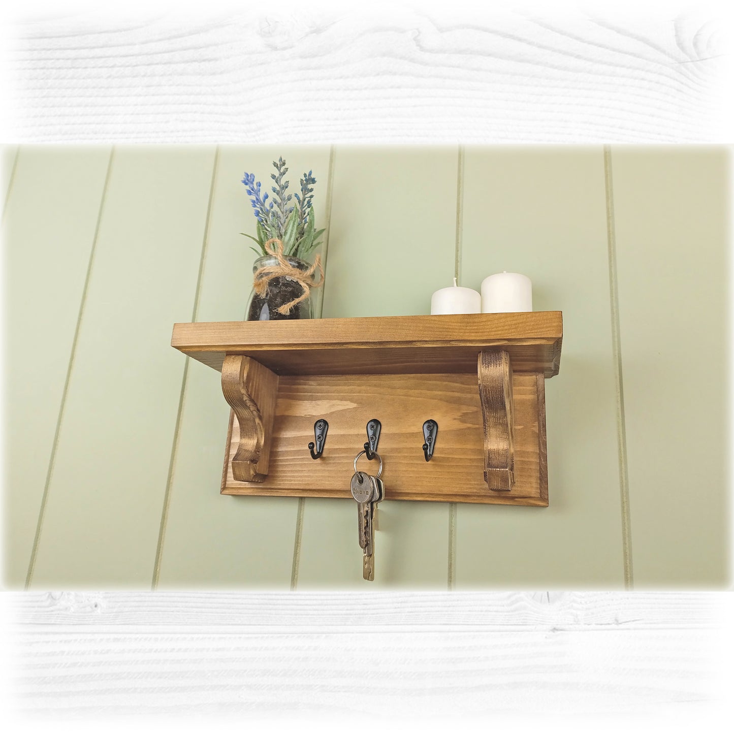 Floating Key Rack in Cotton White/Sage Green/Oak Stain with Shelf and Hidden Fixings - Design 2 -Made To Order