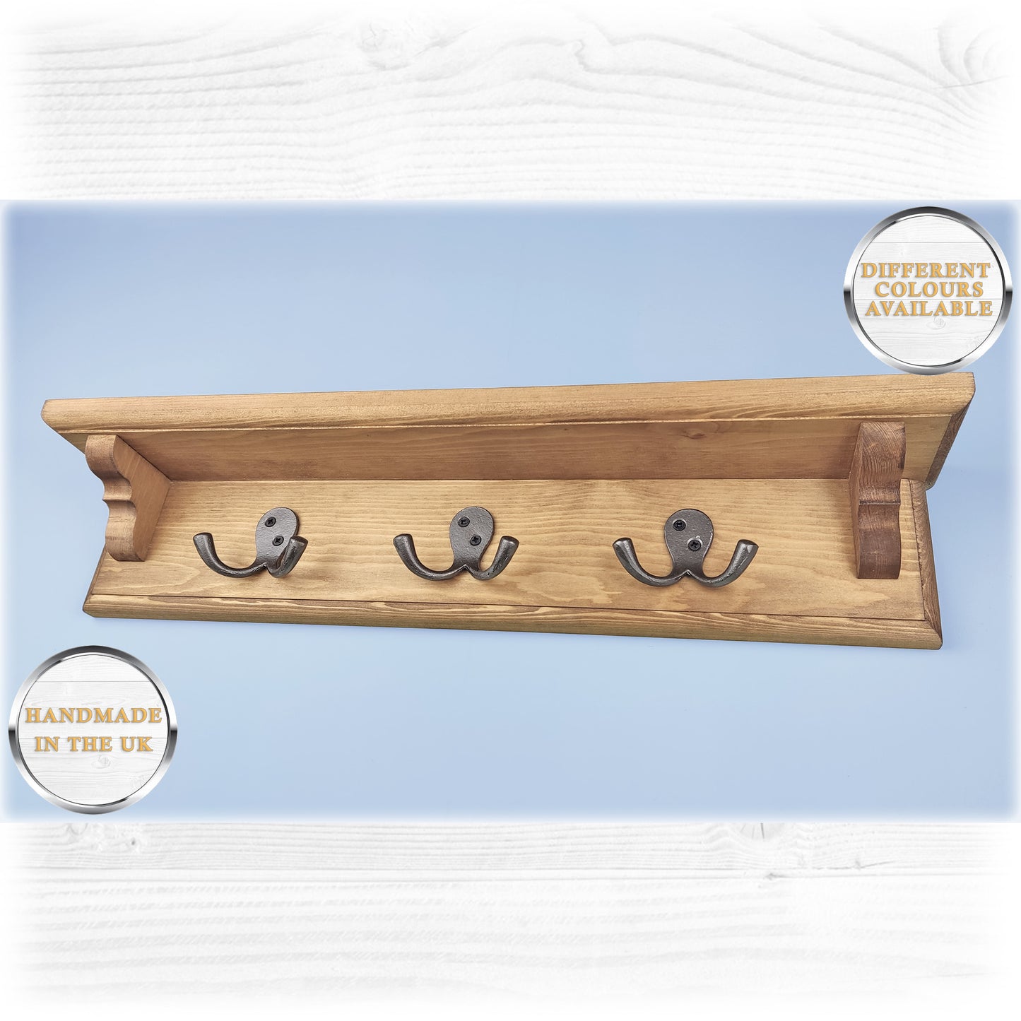 08 - Solid Wooden Coat Rack With Shelf, Double Cast Iron Hooks and